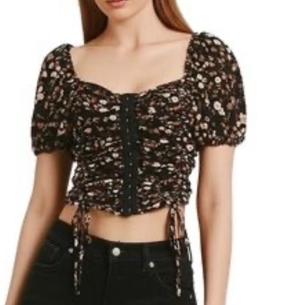 Large Sweetheart Puff Sleeve Black & Pink Floral Ruched Top Meraki Short Sleeve